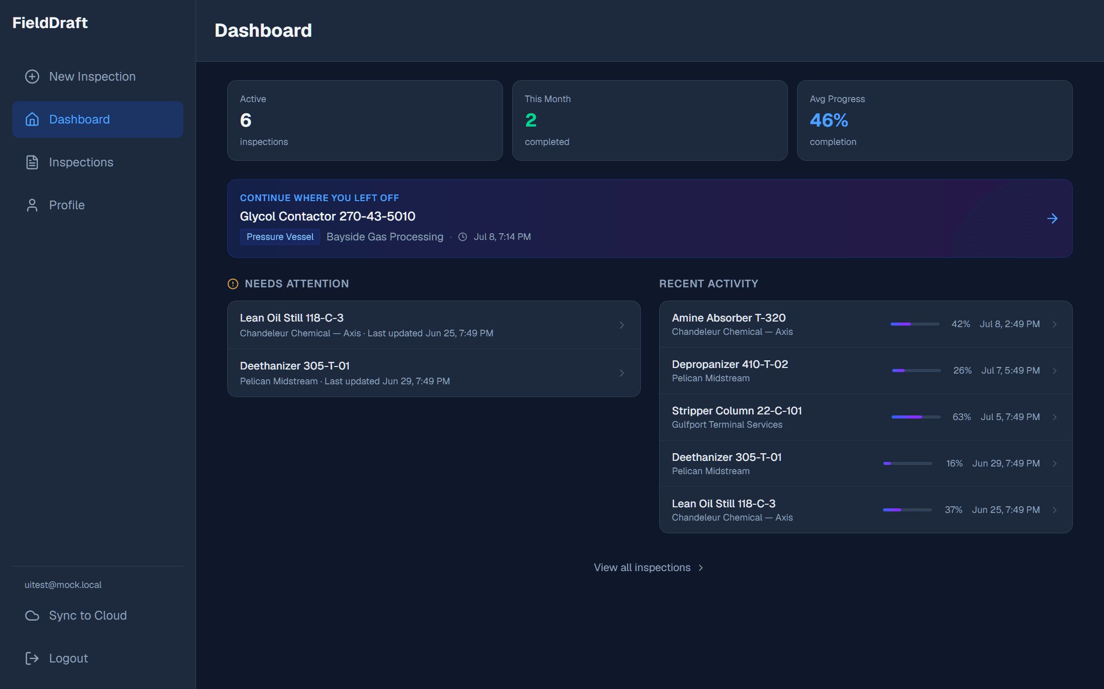 FieldDraft dashboard screen